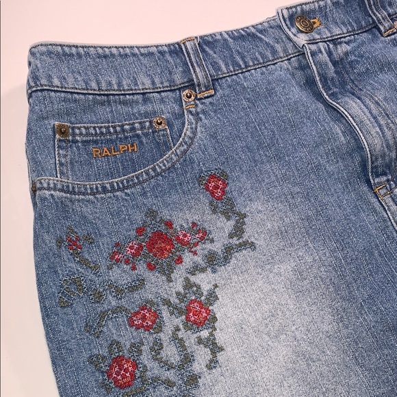 Vintage RALPH Ralph Lauren Denim Mini Skirt CrossStitch Floral Embroidery 10 Y2K - Picture 3 of 14